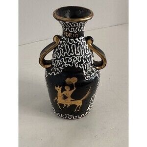 Vtg Capri Italy Ceramic Pottery Vase Black GOLD & WHITE Excellent Con